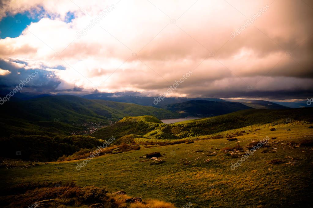Landscape of Mavrovo national park with mountain and lake in FYR Macedonia