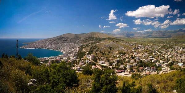 Luchtfoto Panoramisch Uitzicht Naar Saranda Stad Baai Van Ionische Zee — Stockfoto