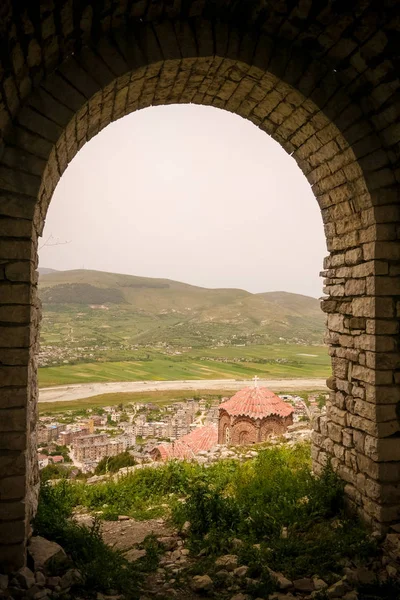 Panoramatický Letecký Pohled Berat Staré Město Osum Řeky Kostel Nejsvětější — Stock fotografie