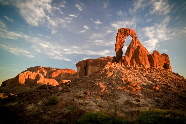 Abstract Rock formation at plateau Ennedi aka window arch at sunrise, in Chad