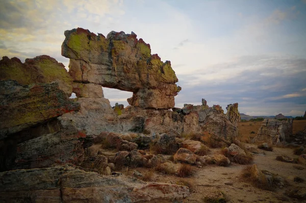 Abstract Rock formation aka window at Isalo national park at sunset in Madagascar