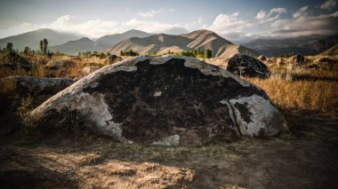 Aka petroglypgs alan Cholpon-Ata,: Issyk-Kul, Kyrgyzstan resim rock