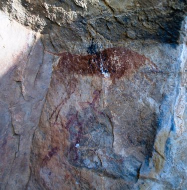 kumtaşı bushmen aka San insanlar kaya resimleri, Malealea, Mafeteng, Lesotho yakınındaki Makhaleng Vadisi ile