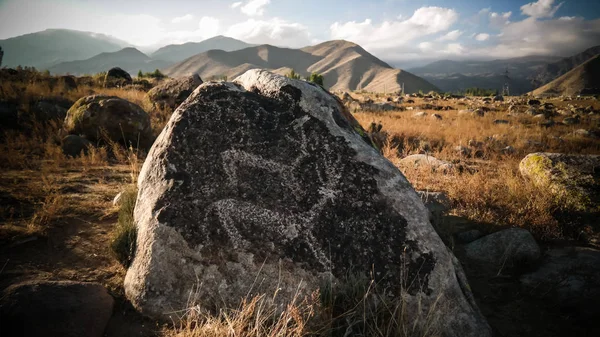 Rock, malarstwo aka petroglypgs w polu w mieście Cholpon-Ata, Issyk-kul, Kyrgyzstan — Zdjęcie stockowe