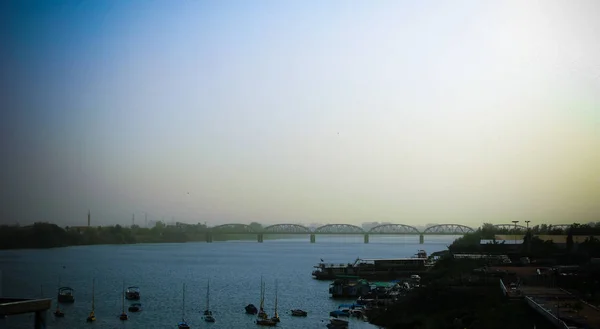 Aerial panoramic view to Khartoum, Omdurman, white nile bridge and confluence of the Blue and White Niles, Sudan — Stock Photo, Image