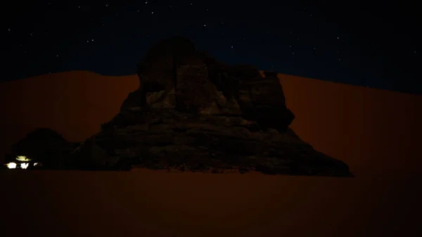 Noční panoramatický výhled na Sahara Tin Merzouga duny s oblohou plnou hvězd, Alžírsko — Stock fotografie