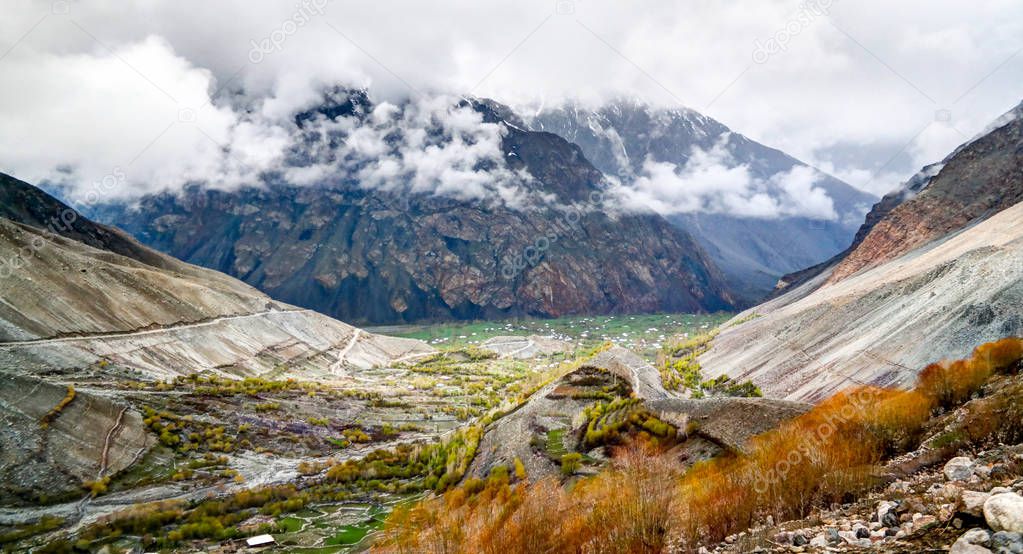 Panorama of Mastuj river and valley near Shandur pass Pakistan