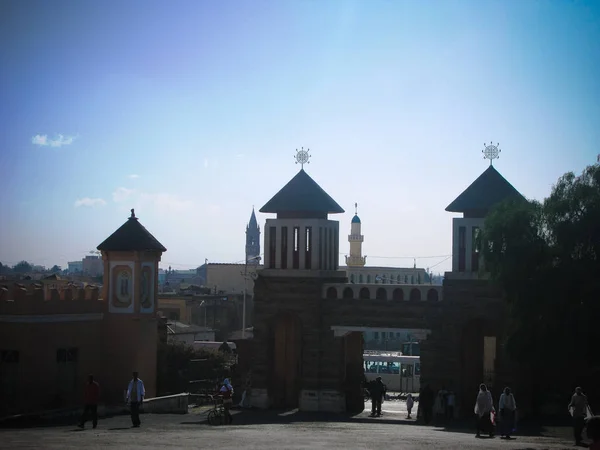 View to orthodox Enda Mariam Cathedral, mosque and St. Josephs Cathedral aka Church of Our Lady of the Rosary - Asmara, Eritrea — Stock Photo, Image