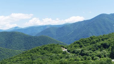 Dağ manzara panorama. Yamaçlarda yeşil bitki örtüsü. Mavi gökyüzünde beyaz kabarık bulutlar.