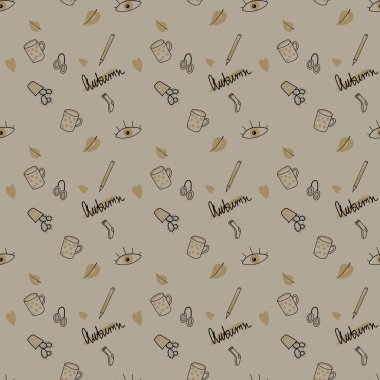 Dikişsiz sonbahar desen. Kahve kupa, sıcak çorap, düşen yapraklar, kaktüs, hafif bir arka plan üzerinde kalem