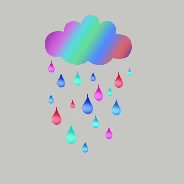 Szivárvány Felhő Sokszínű Raindropson Egy Semleges Háttér Kézzel Rajzolt Illusztráció — Stock Fotó