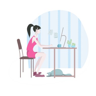 Çalışma alanı, serbest meslek. Ağ iş. Kız ev ofis içinde işte. Çizilmiş