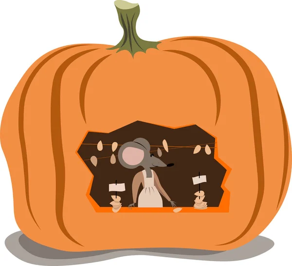 Mouse in the store-pumpkin sells seeds. Cartoon greeting card. Vector illustration