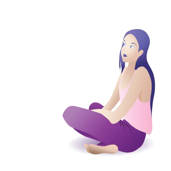 Štíhlá dívka v oblečení sedí v lotosové pozici naslouchá — Stockový vektor