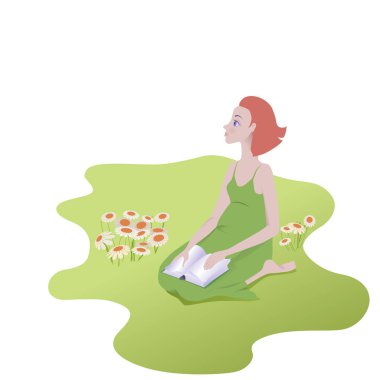 Genç kız rüyalar bir m üzerinde oturan ellerini bir kitap ile güzel