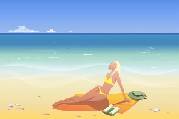Flickan i sanden sitter på stranden. Semester i tropikerna — Stock vektor