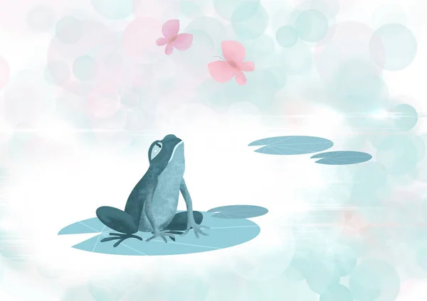 Ένας βάτραχος σε ένα φύλλο από κρίνο του νερού κοιτάζει τους εραστές ροζ βούτυρο — Φωτογραφία Αρχείου
