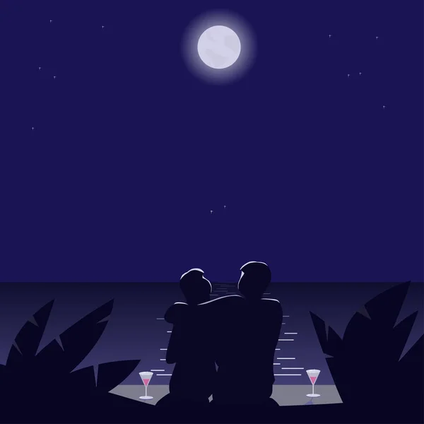 在海滨月光下坠入爱河的年轻夫妇 — 图库矢量图片