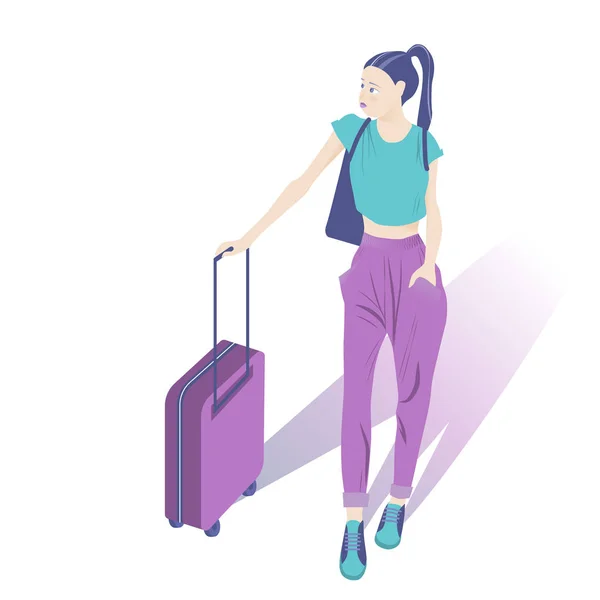 Η τουρίστρια με τη βαλίτσα προσγειώνεται με αεροπλάνο. Το κάρκι — Διανυσματικό Αρχείο