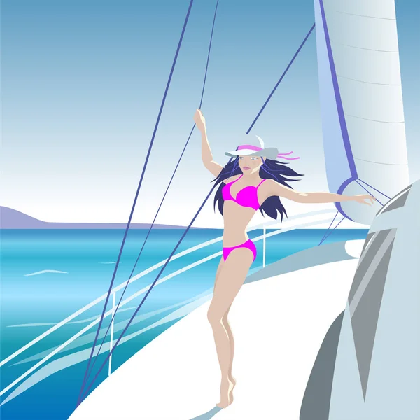 Menina em um iate navegando no mar. Banner turístico . — Vetor de Stock