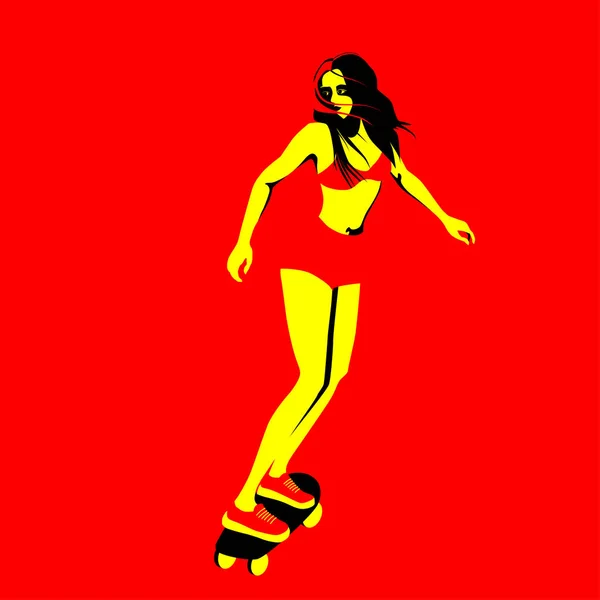 Chica joven, en ropa deportiva en un longboard, monopatín . — Vector de stock