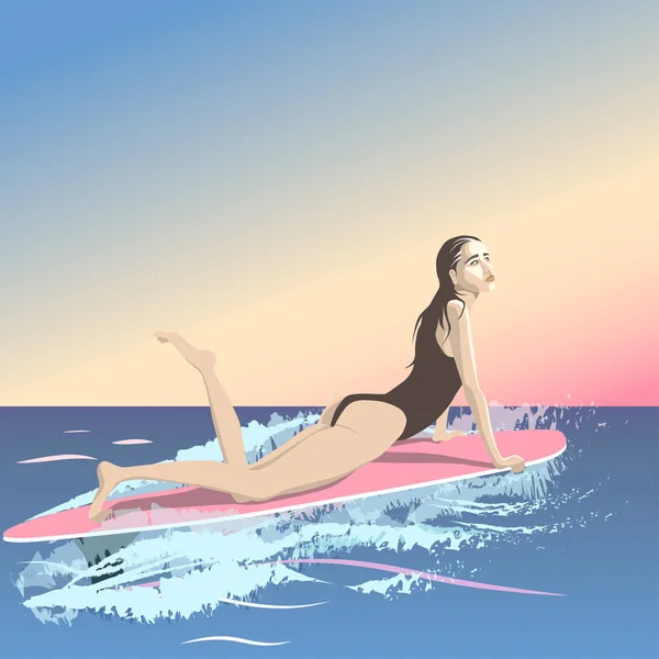 A menina está esperando por uma onda deitada no surf — Vetor de Stock