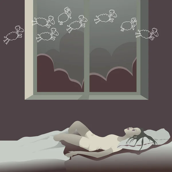 La chica en la cama por la noche sufre de insomnio — Archivo Imágenes Vectoriales