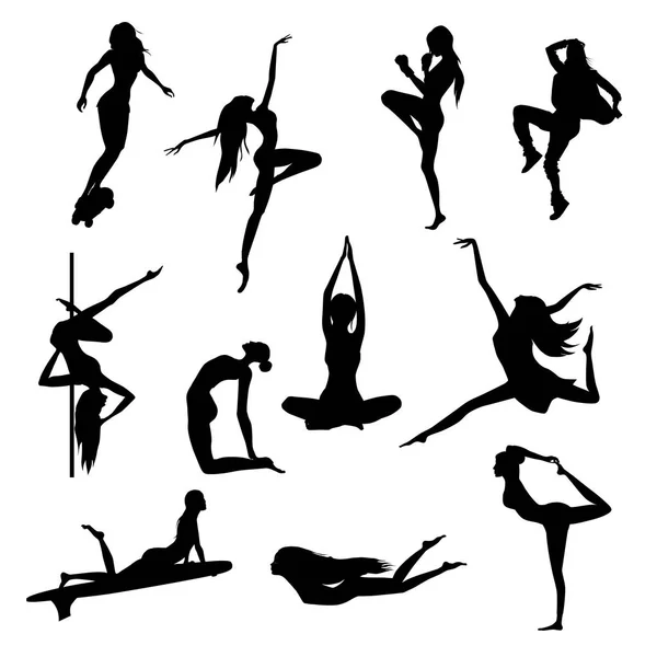 Set of female silhouettes of various sports. — Stock Vector