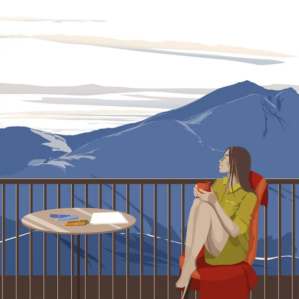 早晨在山景露台上喝咖啡的女孩 — 图库矢量图片