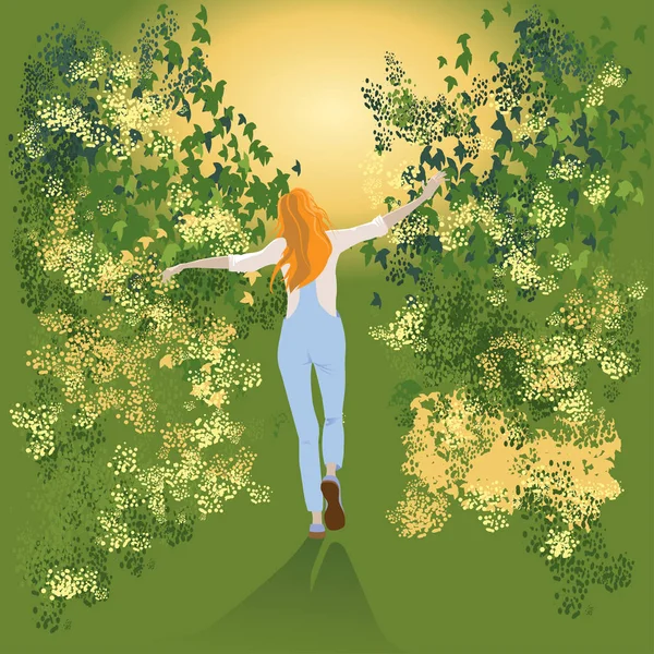 Happy joyful young girl on a walk in the park. — Stock Vector