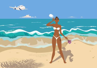 Tropikal bir plajda bikinili, koruyucu maskeli ve manolya çiçekli güzel bir kız. Yeni kurallara göre seyahat kavramı. Denizin üzerinde gökyüzünde bir turist uçağı. Vektör düz karakter