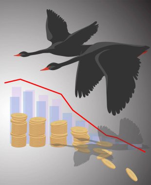 Düşen bozuk paralar ve uçan siyah kuğuların gölgesinde bir eğri. Bu, Forex borsasının çöküşünün bir sembolü. Alegori, iş hayatında sorun ve başarısızlık belirtisidir.. 
