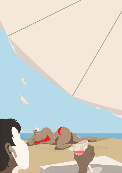 Paar Ruht Sich Einem Tropischen Strand Aus Meer Sand Regenschirm — Stockvektor