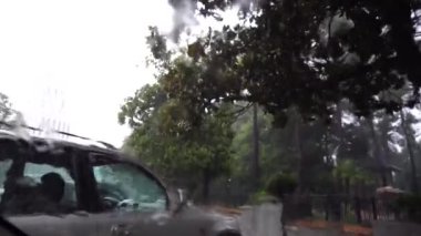 Şehir caddesi yağmurda. Su jetleri cama, ağaç tepelerine, park etmiş arabalara çarpmış.