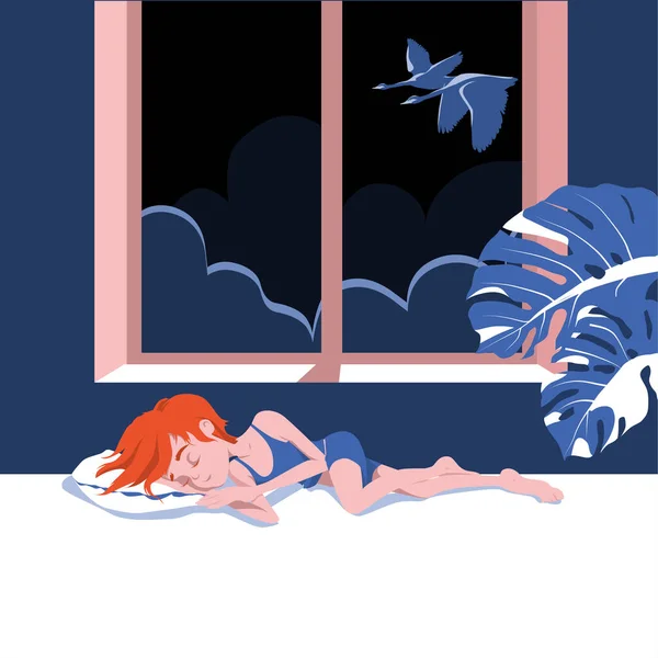 Ein Nettes Rothaariges Mädchen Schläft Einem Bett Fenster Süßer Traum — Stockvektor