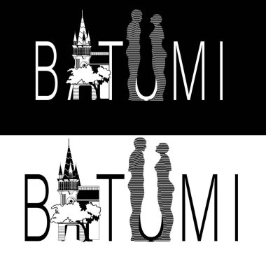 Batumi metni, ikonik yapı ve aşkın sembolü ile yazdır. Kartpostal, pankart, Georgia 'daki şehrin logosu. Vektör illüstrasyonu