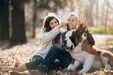 Açık havada çok güzel onların Saint Bernard köpek yavrusu ile birlikte zevk doğa genç çift. İnsanlar ve köpekler Tema.