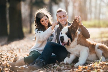 Açık havada çok güzel onların Saint Bernard köpek yavrusu ile birlikte zevk doğa genç çift. İnsanlar ve köpekler Tema.
