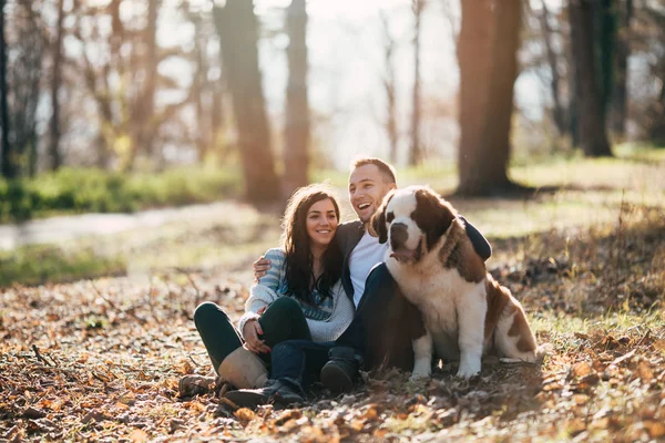 Young Couple Enjoying Nature Outdoors Together Adorable Saint Bernard Puppy — Stock Photo, Image