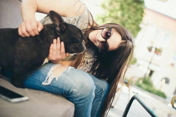 Cute Teenager Girl Enjoying Outdoors Cafe Bar Together Her Adorable — Stock Photo, Image