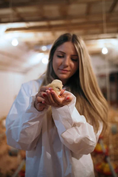 Mladá Dívka Držení Kuřátko — Stock fotografie