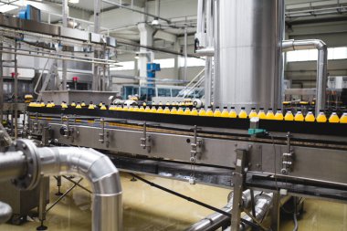 Endüstriyel fabrika kapalı ve makine. İşleme ve soda ve portakal suyu şişe şişeleme için robot fabrikası satır. Seçici odak. Kısa alan derinliği.