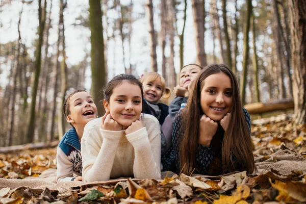 Groupe Enfants Jouant Dans Parc Automne Ils Sont Allongés Sur — Photo