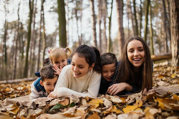 Group Children Playing Autumn Park Lying Leaves Smiling Looking Camera — Stock Photo, Image