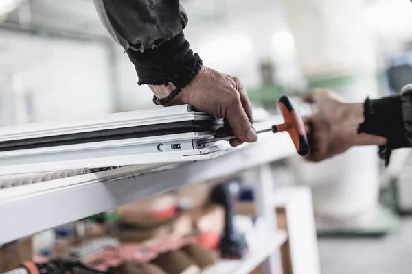 Manual Worker Assembling Pvc Doors Windows Manufacturing Job Selective Focus — Stock Photo, Image