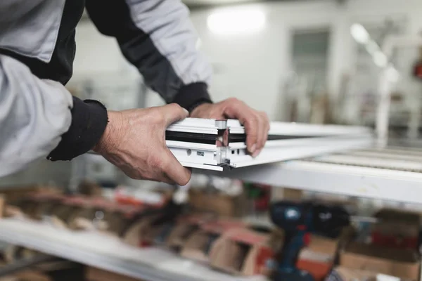 Manual Worker Assembling Pvc Doors Windows Manufacturing Job Selective Focus — Stock Photo, Image