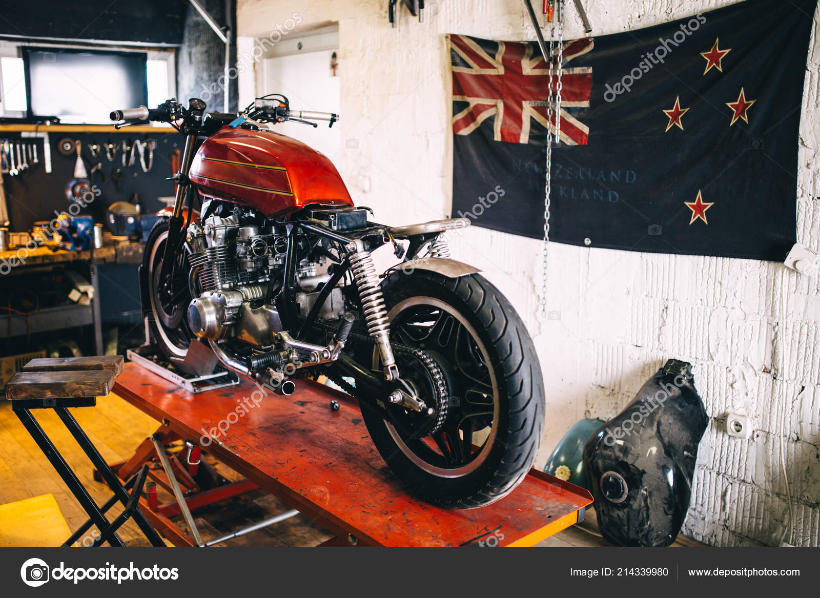 Old Custom Motorcycle Repair Garage Stock Photo by DuxX73 214339980