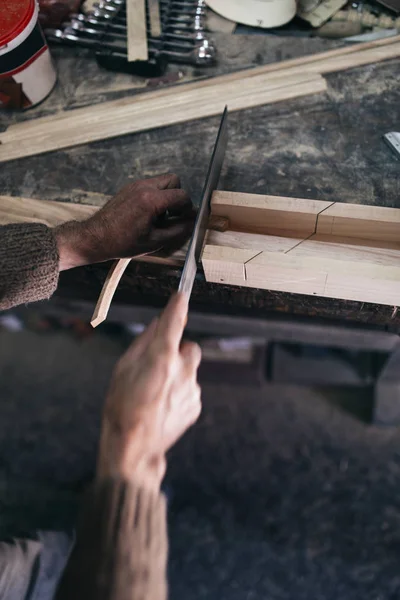 Close Shot Old Master Carpenter Working His Woodwork Workshop — Stock Photo, Image