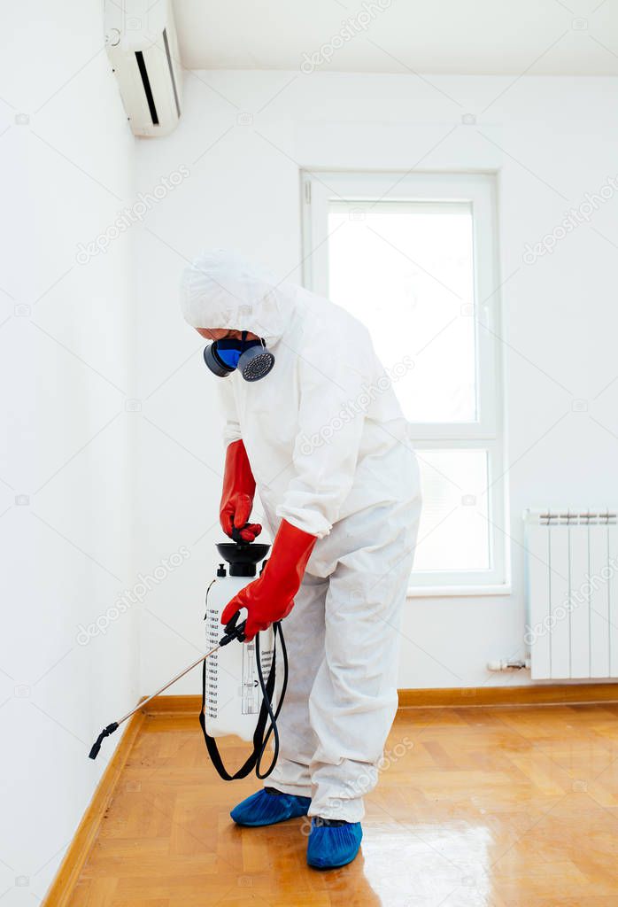 Exterminator in work wear spraying pesticide or insecticide with sprayer 