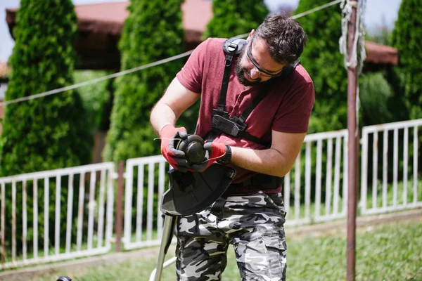 Middle Aged Man Beard Working Grass Trimmer Home Yard Garden — Stock Photo, Image